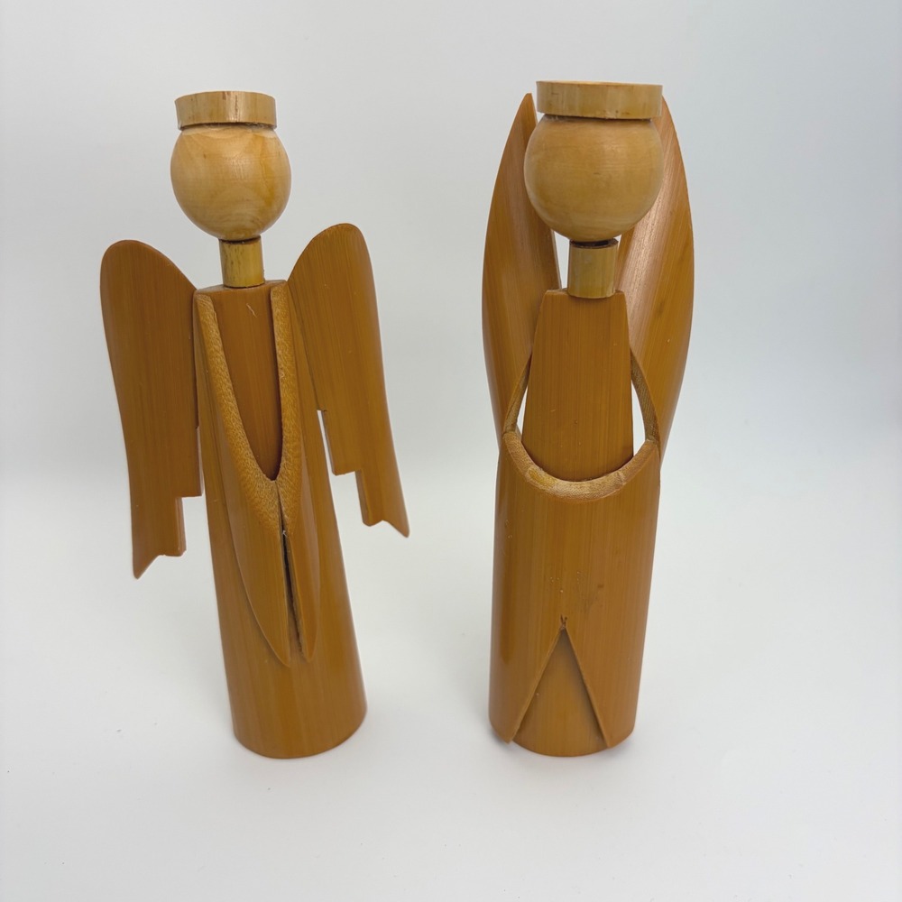 Vintage Bamboo Wood Angel Figurines Midcentury Christmas Decor Set of 2 READ